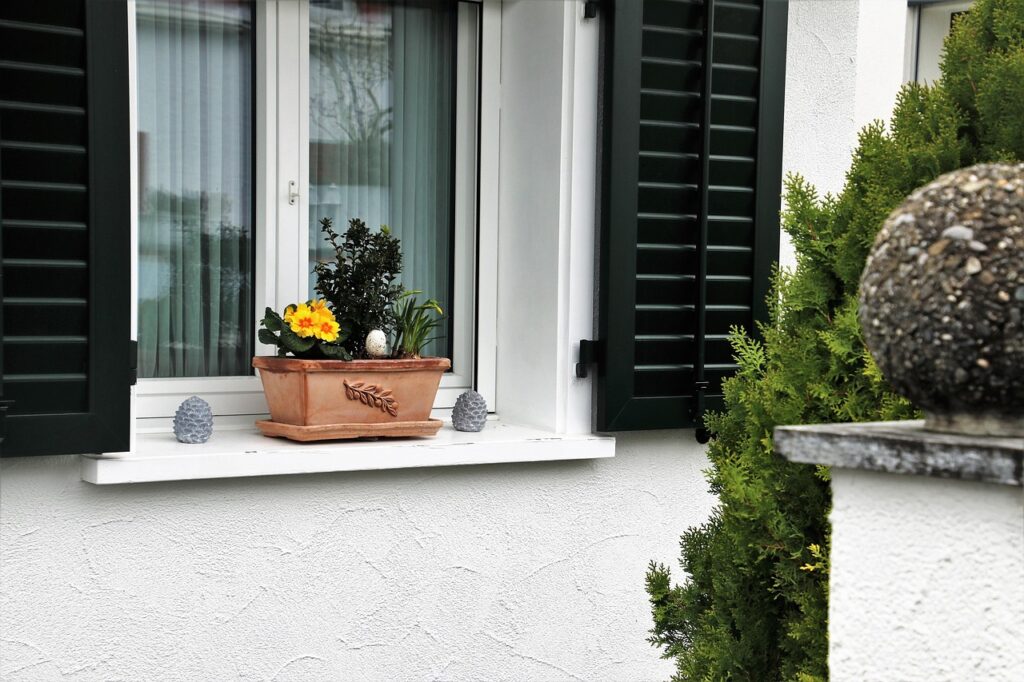 window, house, the door, architecture, windowsill, pane, no one, apartment, outside, facade, pot, shutters, village, the style of the country, the window, building, fence, bush